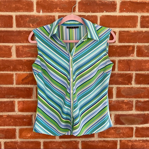Y2K vintage blue collared striped sleeveless top - Picture 1 of 7